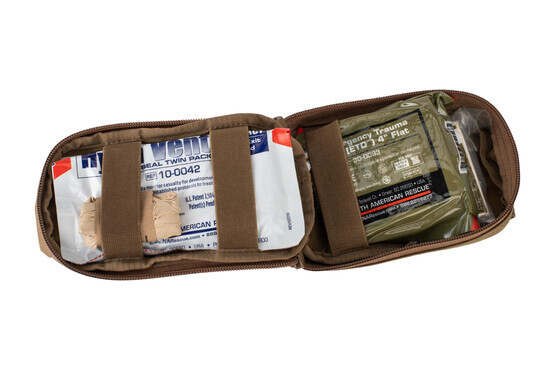 North American Rescue ROO M-FAK Mini First Aid Kit Coyote Brown features trauma treatment supplies